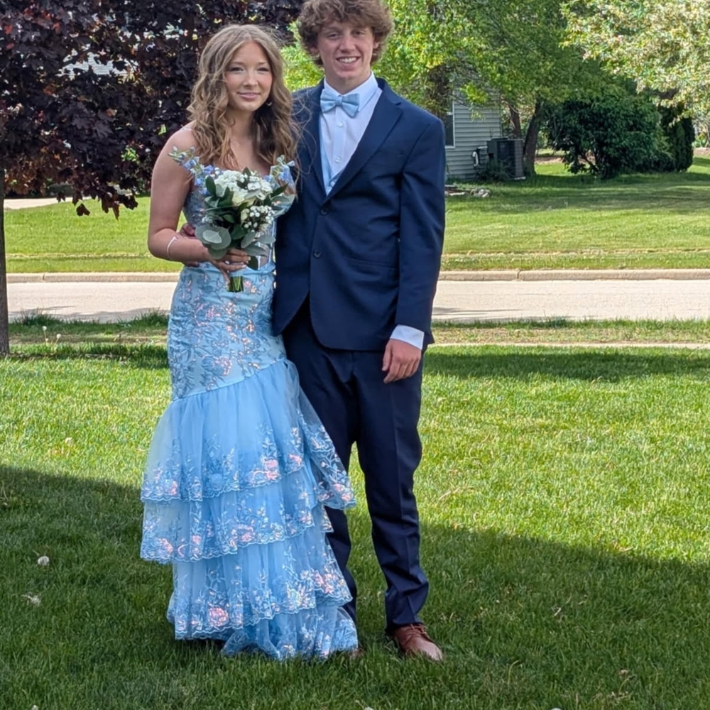 Elegant Blue Floral Tiered Dress